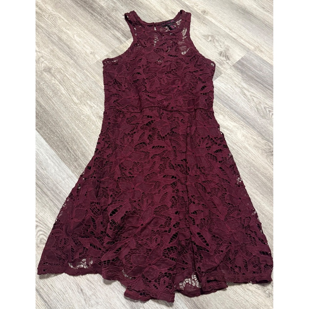 Material Girl Burgundy Lace Fit Flare Dress Sleeveless Keyhole Back Size M